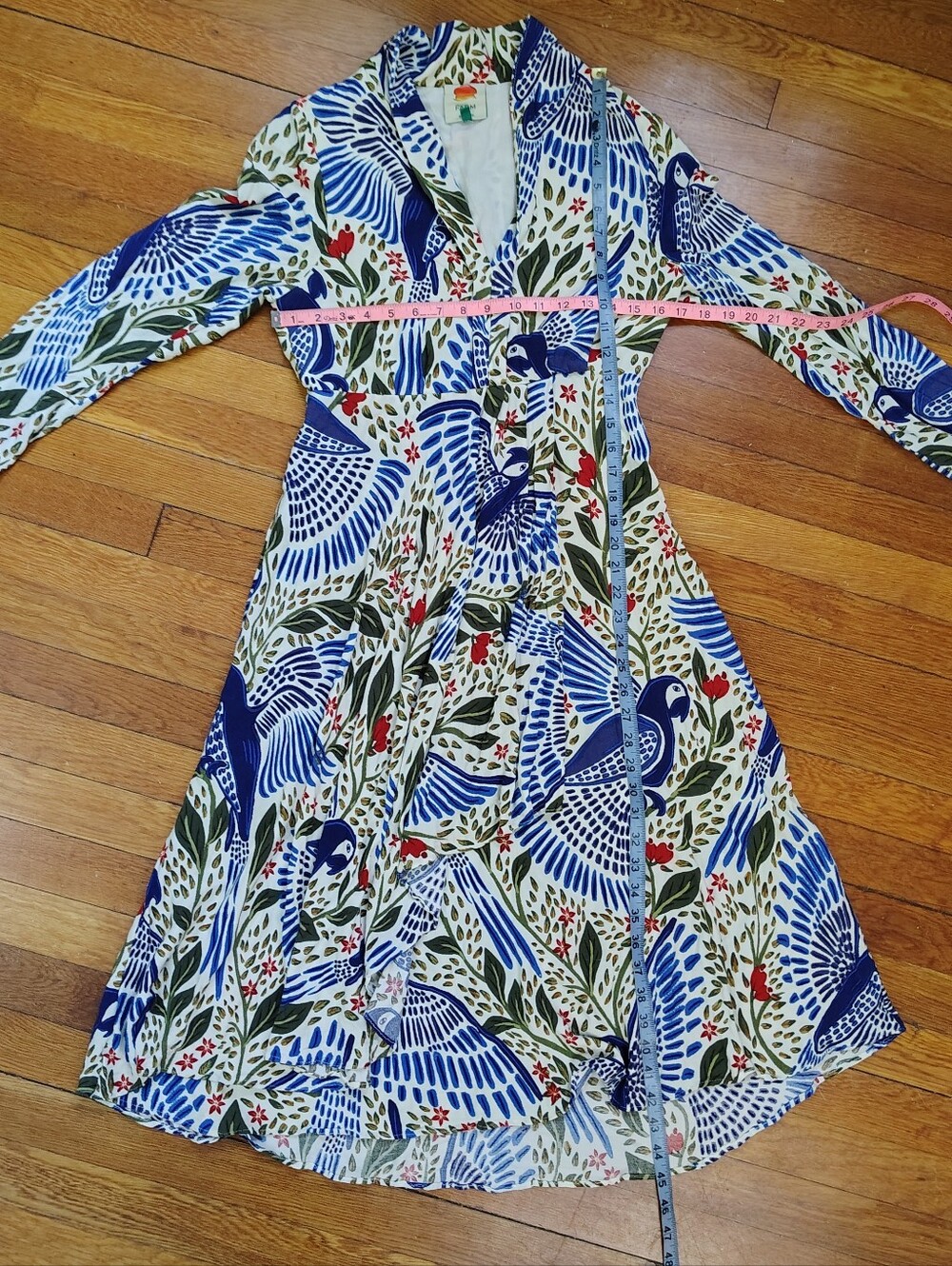 FARM RIO Macaw Midi Dress Sz Medium Resort Vacation Colorful Blue Bird Print - Picture 12 of 13